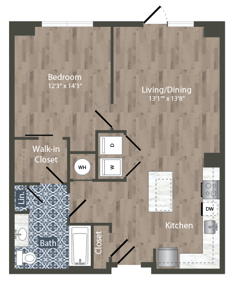 Floor plan for 1 bed, 1 bath, 780 sqft